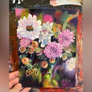 Honeybee bouquet Original Art Painting Floral Flower Bee Nature decor Colorful
